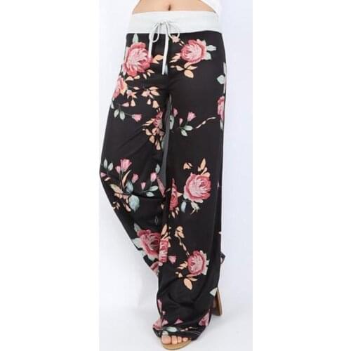 2021New Arrival Ladies Loose Trousers Floral Casual Elastic Waist Drawstring Home Pajamas Wide Leg Trousers Plus Size Underwear