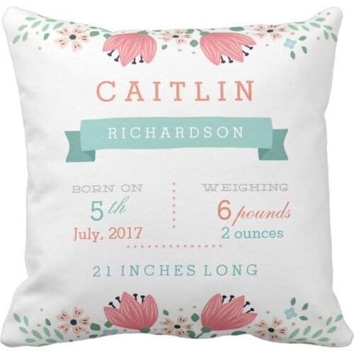 Customized Floral Garden Baby Girl Birth Stats Throw Pillow Cover Home Decorative Cushion Covers for Sofa Square Pillow Case