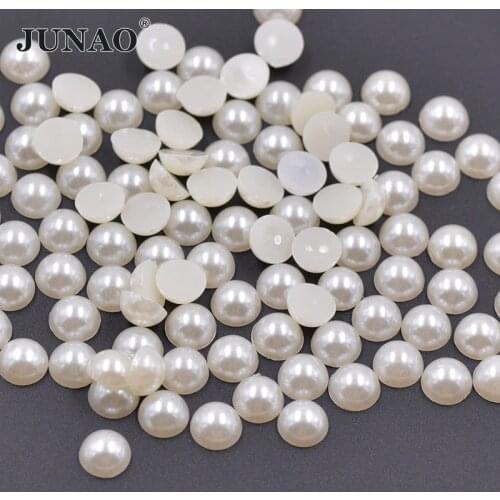 JUNAO 2 4 6 8 10 18 20 mm White Beige Half Round Pearl Beads Flatback Plastic Pearl Non Sewing Scrapbook Crystal Stones for DIY
