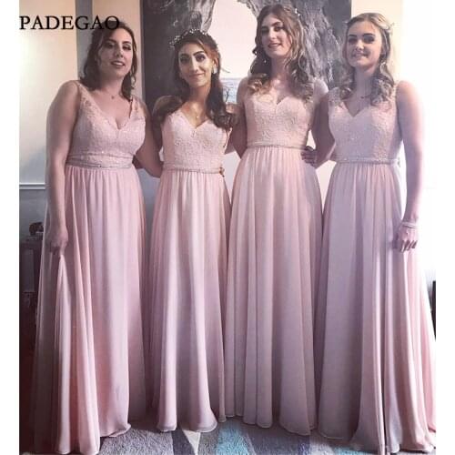 Pink In Stock Bridesmaid Dresses A Line V Neck Long Chiffon Bridesmaid Gowns For Young Girls with Lace Pleat Wedding Guest