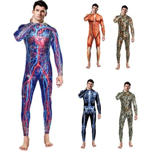 Adult Men Halloween 3D Printed Scary Skeleton muscle Jumpsuit Carnival Party Cosplay Horror Human blood vessel Romper Costume