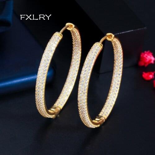 FXLRY Personality Double Sided Gold Color Cubic Zirconia Big Circle Round Hoop Earrings for Women Fashion Jewelery