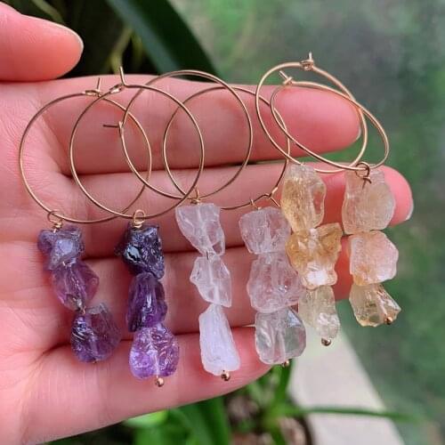 Small Stone Raw Mineral Long Tassel Crystal Earrings Women Natural Amethysts Citrines Clear Quartz Dangle Earrings Reiki Healing