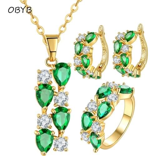 Luxury Mona Lisa Jewelry Sets for Women Wedding Bride Engagement Jewelry Ring Necklace Earrings Green Crystal Zircon Sets Bijoux