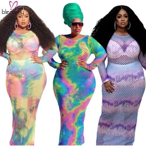 Fall Summer Sexy Mesh Tie Dye Print Dress Women Long Sleeve Maxi Vintage Skinny Outfits Plus Size 5XL Hollow Out Tunics Vestidos