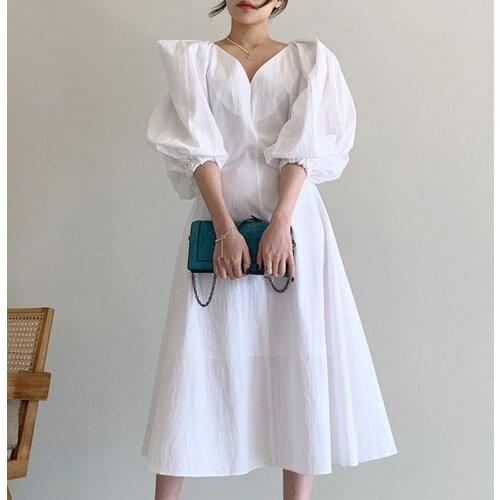 2021 New French Retro Slim V-neck Close Waist Mid Length Big Swing Puff Sleeve A-LINE Solid Dress for Women X405