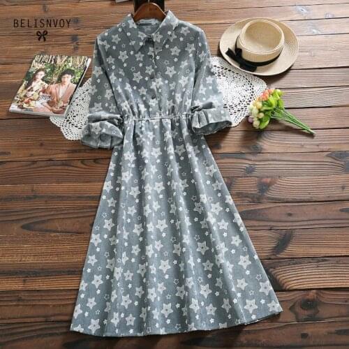 Mori Girl Autumn Spring Women Corduroy Dress Turn-down Collar Green Casual Vestidos Femininos Elegant Vintage Kawaii Midi Dress