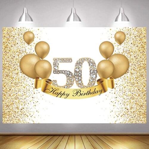 Gold 50th Photo Backdrop Lady Men Happy Birthday Party Decoration Dot Light Balloon Diamond Photography Backgrounds Banner