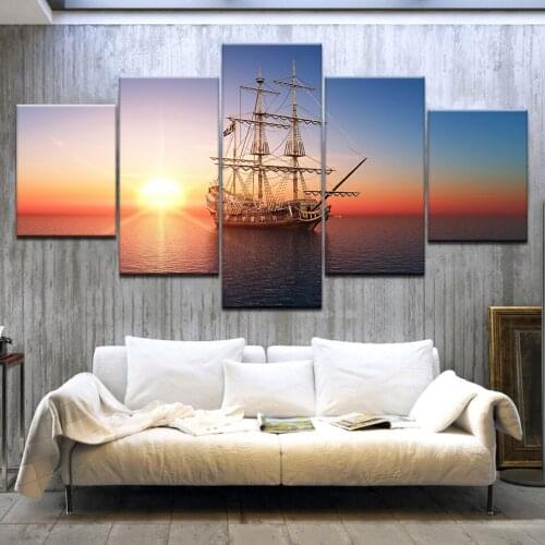 5 Panel HD Printed A boat with sunset sea seascape wall posters Print On Canvas Art Painting For home living room decoration