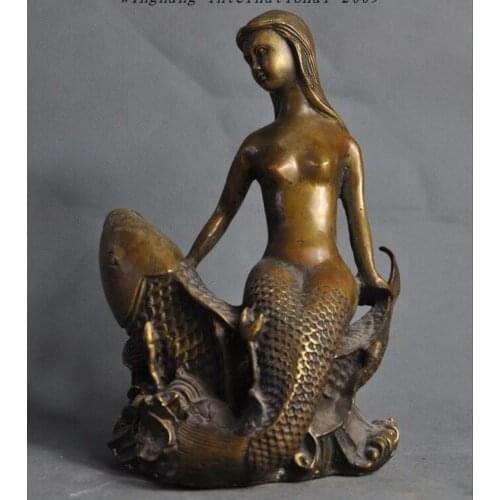 8"Old Chinese Bronze Copper Mermaid Fish Beauty fishs Belle Art Statue sculpture