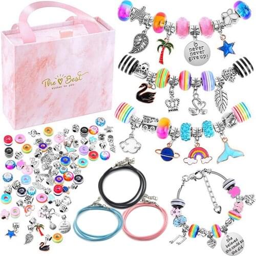 91PCS DIY Charm Bracelet Necklaces Jewelry Making Kit with Pink Gift Box for Girls Women Valentines Birthday Christmas Gift