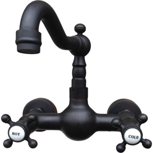Black Oil Rubbed Brass Wall Mounted Dual Cross Handles Swivel Spout Kitchen Sink Mixer Tap / Bathroom Basin Faucets anf524