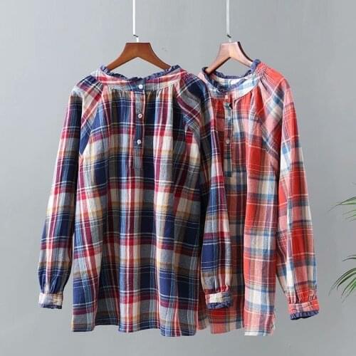 Plus Size Shirt For Women Long Sleeves Round Collar Pure Cotton Plaid Shirt Looser Shirt In Spring And Autumn For Fatlady Wear