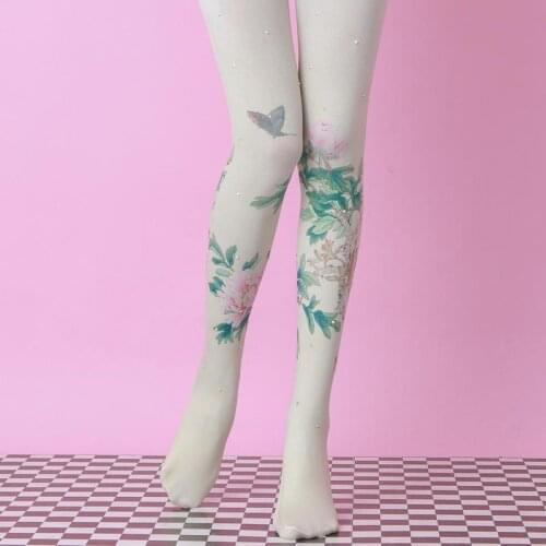 Peony Printed Color Rhinestone Pantyhose