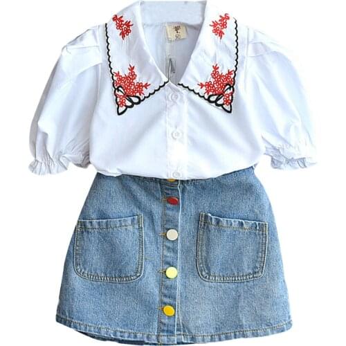 Girls Two Piece Set, Childrens Lapel Ruffled Cuff Shirt Denim Multicolor Button Skirt for Baby