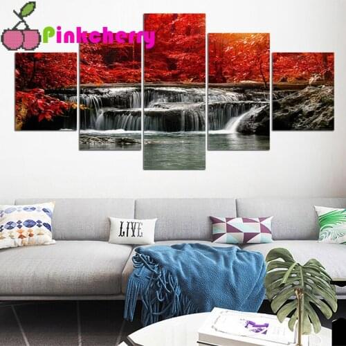 Red Tree Waterfall Diamond Painting 5 Piece Crystal Diamond Mosaic Square Round drill embroidery full display Home Decor k679