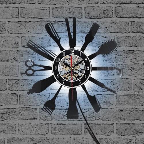 Creative Vinyl Wall Clock CD Record Art Wall Clock Hairdresser Barber Tools Design Clock Barber Shop Art Decor Clock Cool Design