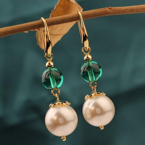 Fashion Korea Vintage Flower green crystal pearl Drop earrings nature stones earrings Ethnic Jewelry for women gift