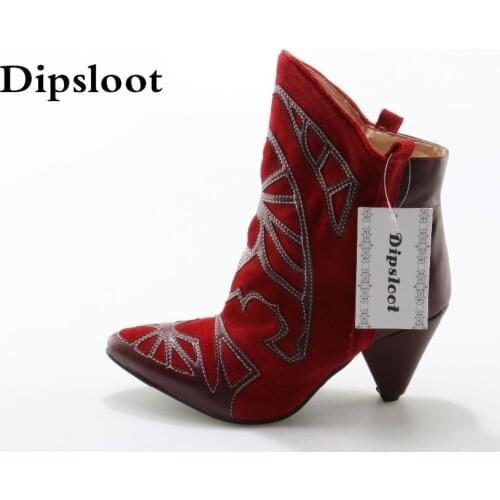 Hot Fashion Red Suede Ankle Boots Embroidered Lady Spike Heels Shoe Cowboy Short Boots Women Slip-on Pointed Toe Ankle Booties