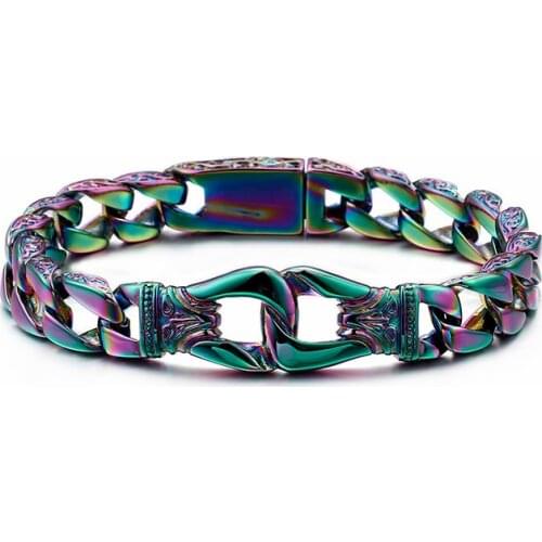 Punk Handcuff Charm Bracelets For Men Stainless Steel Gold Black Colorful 12mm Width Chain Link Bracelet Jewelry