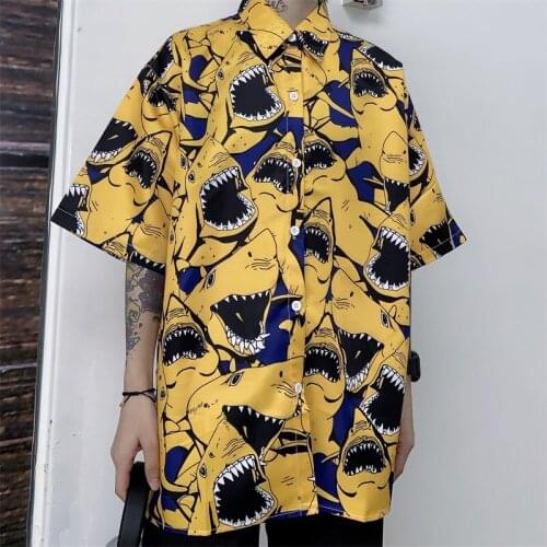 2021 Summer Retro Short Sleeved Shirt Harajuku Style Loose Blouse Shark Print Women INS Shirt Beach Men