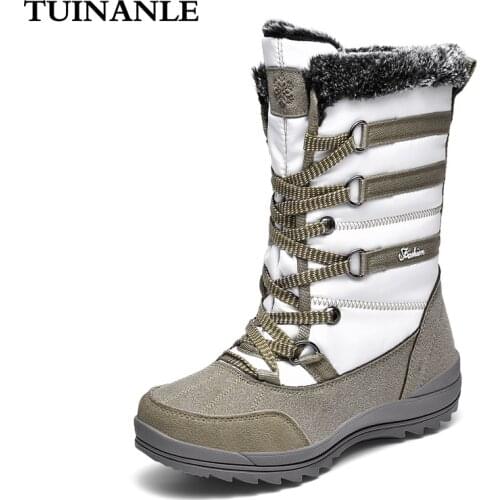 TUINANLE Womens Platform Winter Boots Cow Suede Mid-Calf Combat Boots for Women Warm Plush Boots Women Botas De Mujer Snow Boots