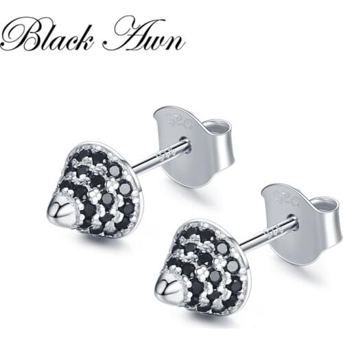 [BLACK AWN] 925 Sterling Silver Earrings Wedding Black Spinel Stud Earrings for Women Sterling Silver Jewelry I033
