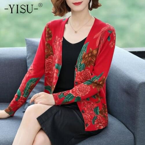 YISU Loose Women Cardigan Sweater Tops V-Neck Rose flower Printing Knitted Coat Cardigan Single Breasted Casual Jacket Sweater