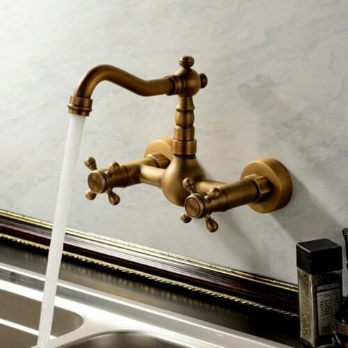 Thick G1/2" / G9/16" Bathroom Dual Knobs Vessel Basin Faucet Wall Mounted Mixer Tap Antique Brass Bath Sink Faucet