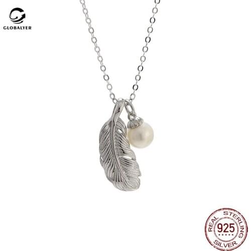 European and American Fashion Simple S925 Silver necklace Womens feather pearl set chain Collarbone chain Silver jewelry 679