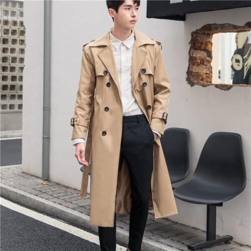 Windbreaker mens long trend British style coat long coat spring and autumn handsome over the knee autumn mens windbreaker