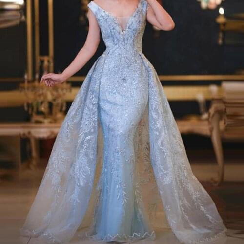 Prom Dresses with Detachable Skirt V Neck Lave Appliques Formal Evening Dress