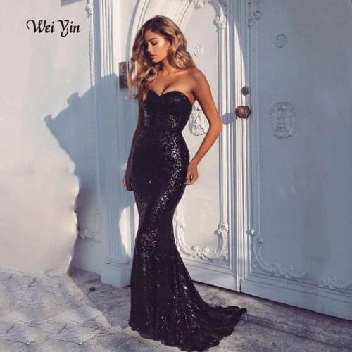 Weiyin AE0558 Black Sequined Party Gown Spaghetti Straps Evening Gown Sexy Mermaid Prom Dresses Long Robe De Soiree