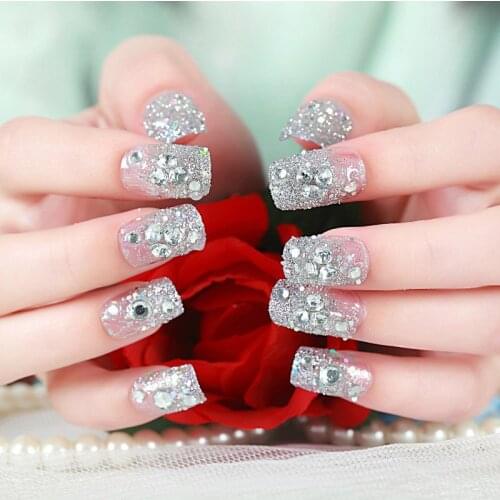 24pcs Ladies Fake Nails Transparent Floral Beads Decor DIY Bride False Nails