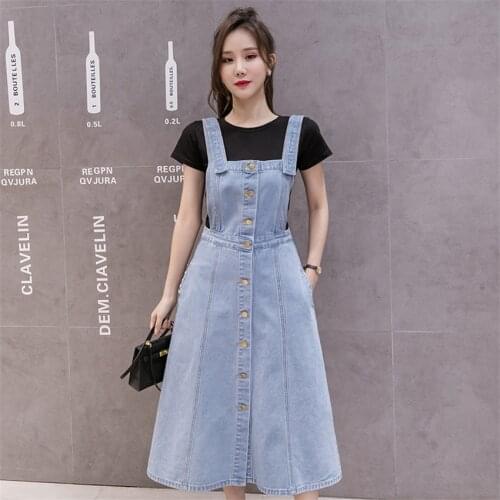 2021 Summer Denim Sundress Women Sleeveless Single Breasted Suspenders Dresses Female Overalls Korean Style Jeans Dress Vestidos