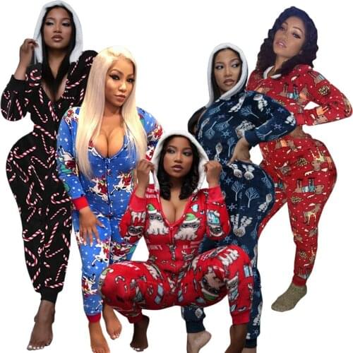 2021 Women Christmas Cartoon Print Jumpsuit Bodysuit Front Zipper Long Sleeve Fitness Jumpsuits Hooded Homewear Playsuit