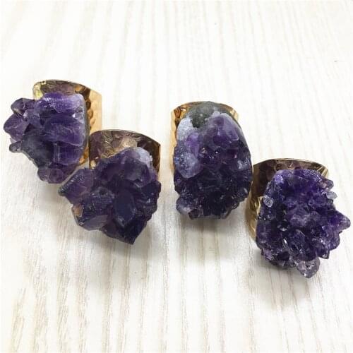 2021New Big Golden Ring Vintage Amethysts Stone Slice Bead Ring Charm Adjustment for Woman ManExpress Copper Open Hammered Cuffs