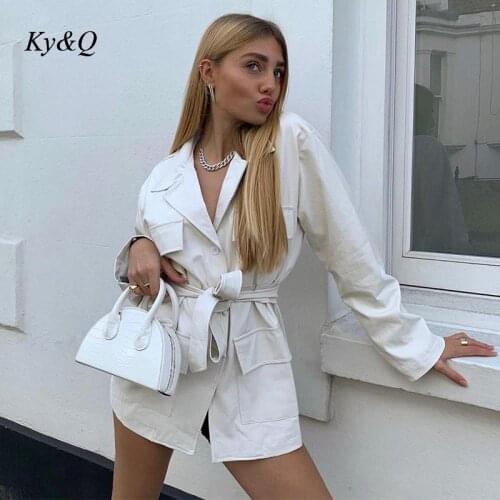 Fashion Brand Retro Style White Leather Lapel Coat Dress 2021 New Design Single Breasted Bandage Temperament Women Clothes