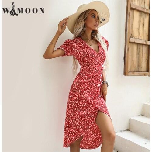 2021 Summer New Slim Floral V-neck High Street Asymmetrical Button Knee-Length Butterfly Sleeve Party Dresses for Women