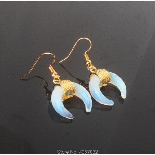 Lovely Lapis lazuli Obsidian Clear Rose Pink Quartz Opal Tigers Eye Abalone Shell Moon Bead Golden Hook Dangle Earrings 1Pair