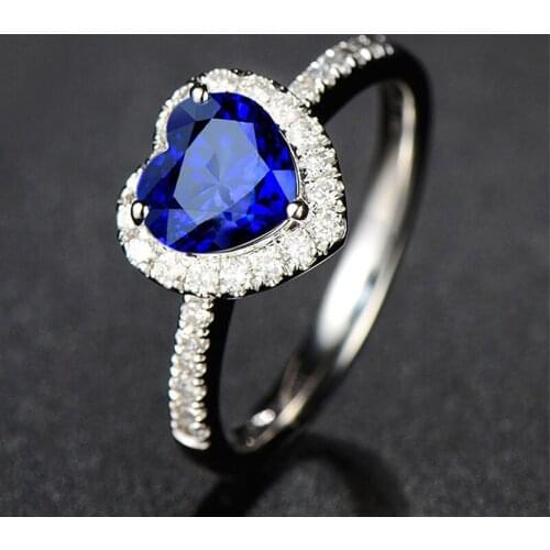 2021 Hot Trendy Blue Zircon Heart Wedding Rings For Women Luxury Female Bridal Jewelry Silver Plated Accessories Birthstone Gift