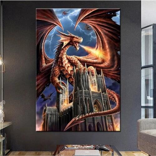 Children love 5D DIY Diamond Painting Cartoon Ferocious Castle flying dragon Diamond Embroidery Room Home Decor art Mosaic gift