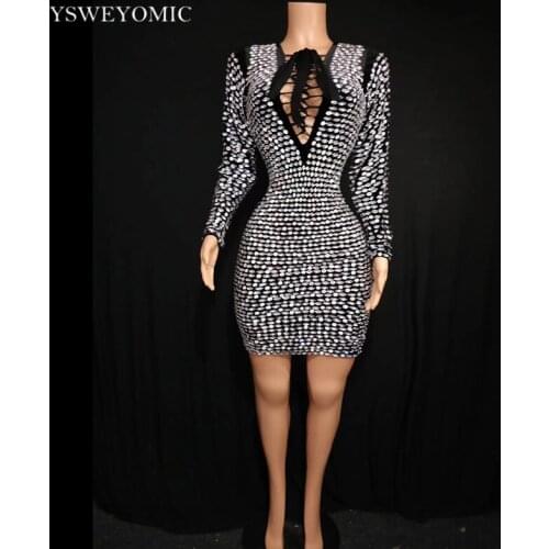 HIgh Quality Sparkly Silver Rhinestones Short Dress Black Velvet Big Stones Singer Performance Outfit Nightclub Birthday Dress