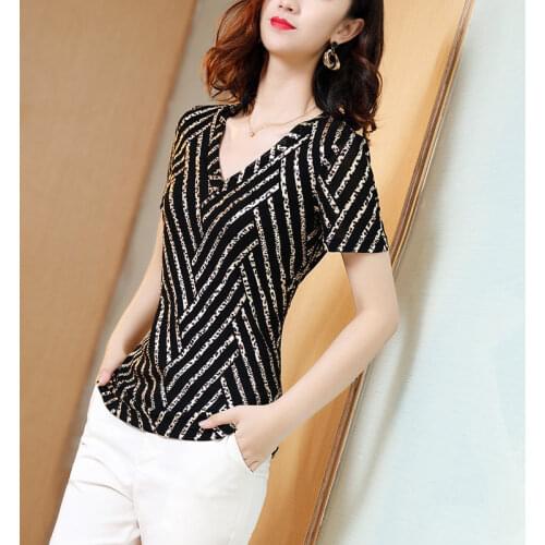 Womens Spring Summer Style Blouses Shirt Womens Striped V-neck Short Sleeve Leopard Knitted Slim Korean Tops DD8773