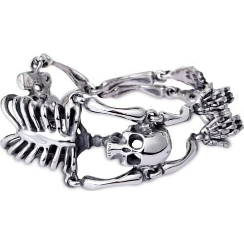 Punk 21cm Stainless Steel Silver color Cool Skull Jewelry Special Design Skeleton Bracelet for Men Gothic Bracelets Accessories