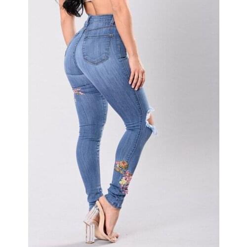 CFYH Plus Size 3XL Europe And The United States Fashion Hole Pencil Pants Flowers Embroidered High Waist jeans