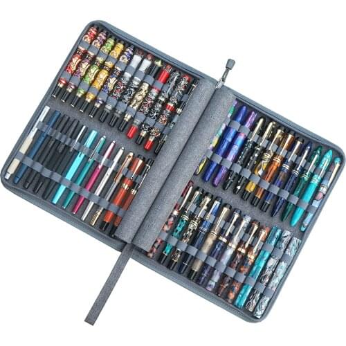 Gray Fountain Pen Case 48 Slots, Canvas Pen Holder Display Pouch Bag Storage Large Capacity Waterproof Office Business Style