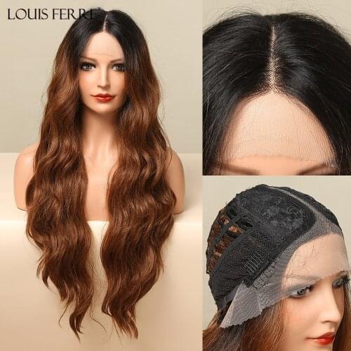 LOUIS FERRE Long Water Wave Synthetic Wigs Middle Parted 13*1 T Part Lace Wigs Ombre Honey Brown Hair for Black Women Daily Use