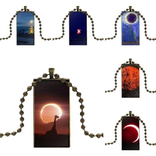 For Girls Statement Maxi Lunar Eclipse Design Fashion Vintage Glass Women Rectangle Necklace Pendants