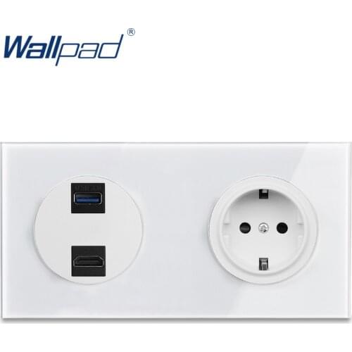 Double HDMI-Compatible Socket USB 3.0 Outlet with EU Wall Electrical Power Socket 172*86mm White Glass Panel